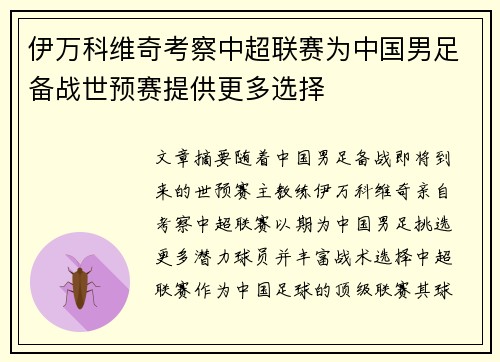 伊万科维奇考察中超联赛为中国男足备战世预赛提供更多选择 伊万科维奇考察中超联赛为中国男足备战世预赛提供更多选择