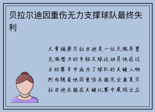贝拉尔迪因重伤无力支撑球队最终失利 贝拉尔迪因重伤无力支撑球队最终失利