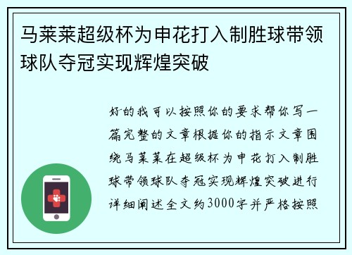 马莱莱超级杯为申花打入制胜球带领球队夺冠实现辉煌突破